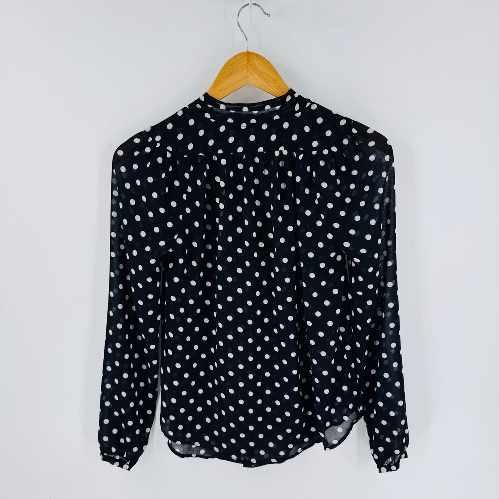 Black White Polka Dot sheer Tie Neck Long Sleeve Top Size XS Parisian Academia - Picture 2 of 9